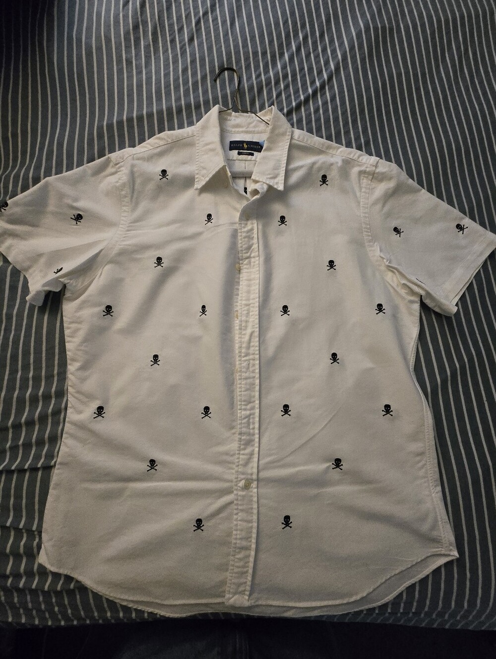 Ralph Lauren White Short-Sleeve Button-Down Shirt with Black Skull Embroidery